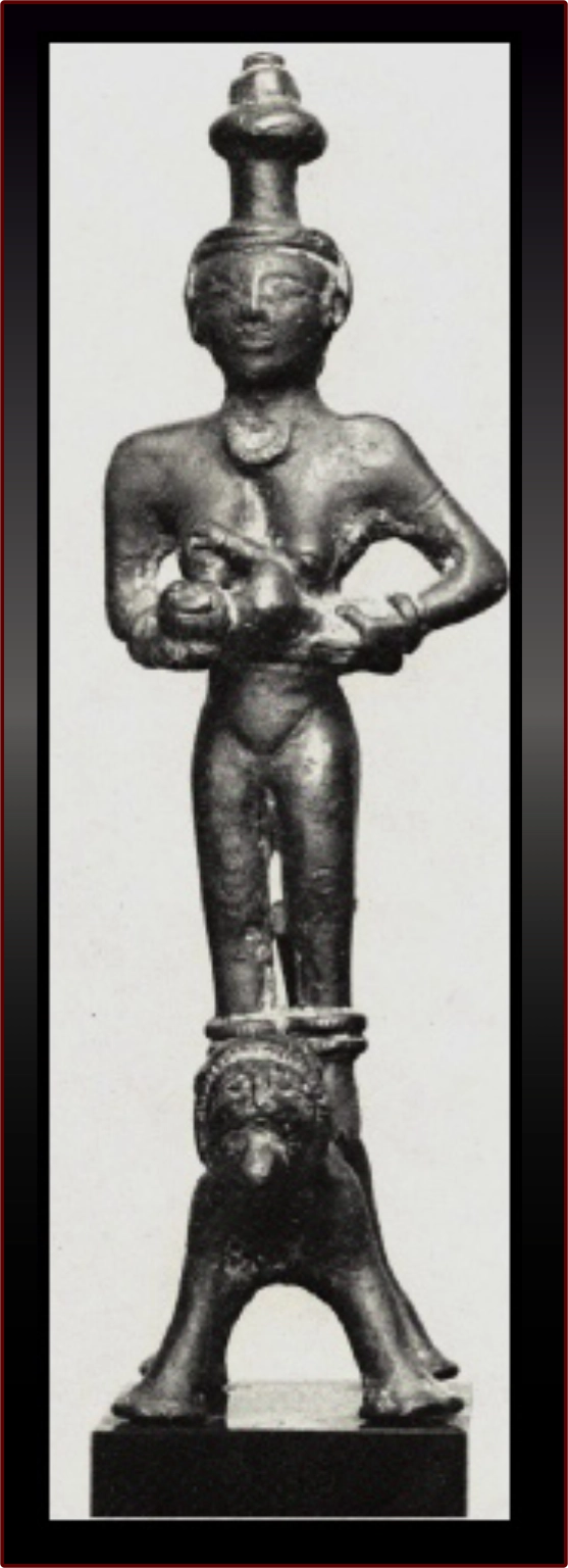 Hittie Goddess, Astarte, standing atop totem animal breastfeeding child.